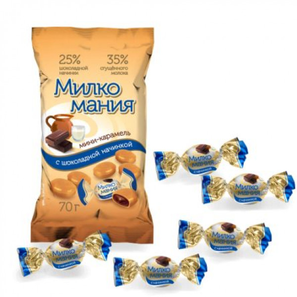 Мини-карамель молочная "Милкомания" с шоколадной начинкой 70 гр/12 шт Мини-карамель молочная "Милкомания" с шоколадной начинкой 70 гр/12 шт
